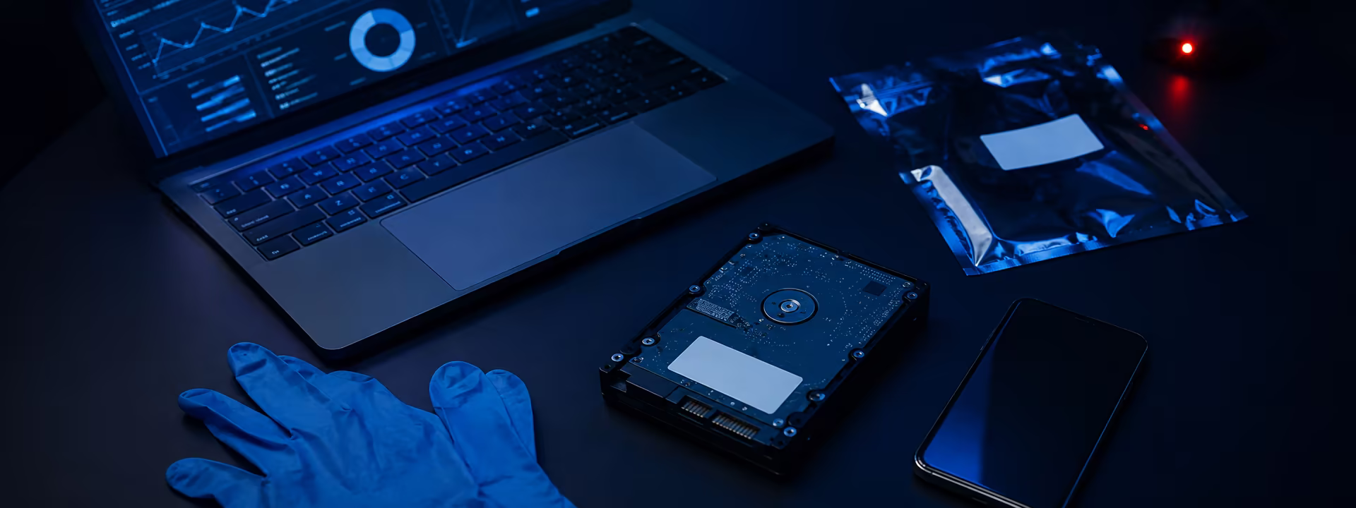 Laptop con un panel de análisis, un disco duro, guantes y una bolsa antiestática sobre una mesa de trabajo forense