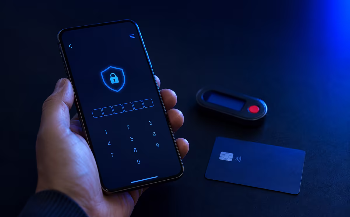 Teléfono mostrando un código de autenticación junto a un token físico y una tarjeta bancaria sin marca